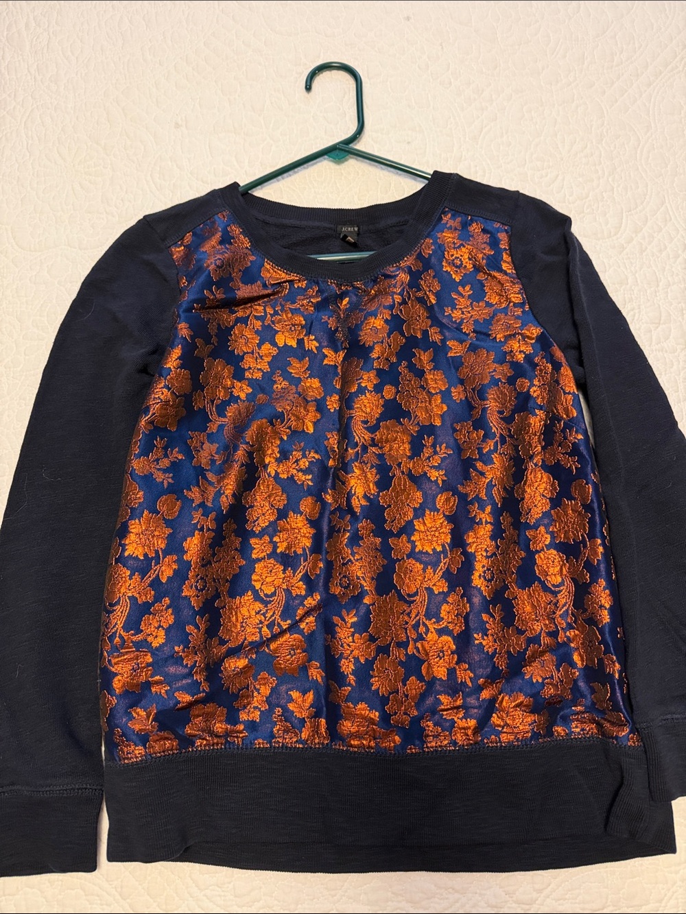 Women’s Navy Blue Sweatershirt with Orange metallic Floral Jacquard